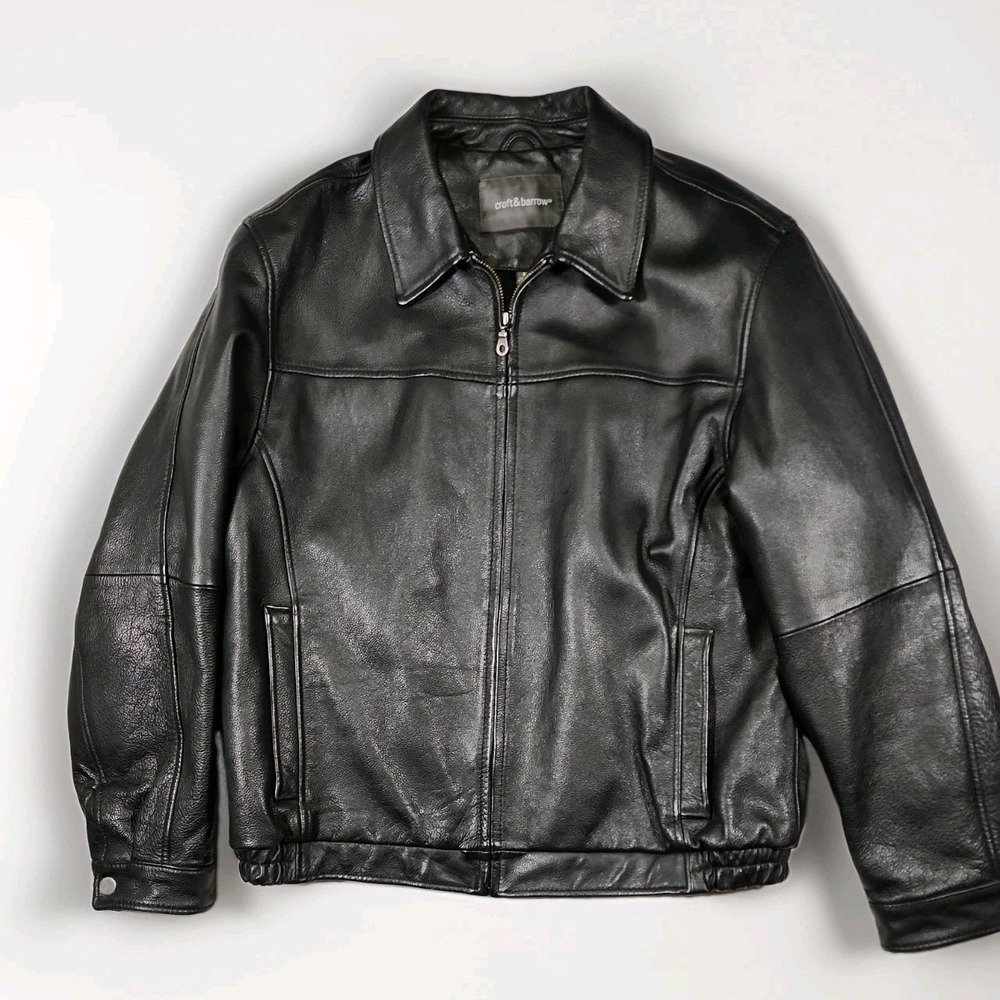 Vintage Croft & Barrow Black Genuine Leather Bomber Jacket Men's Medium 90s Y2K